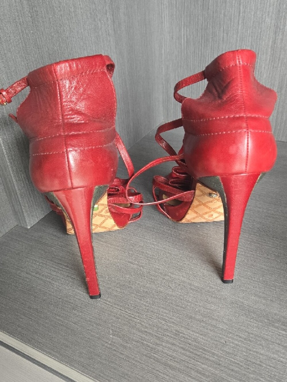 L.A.M.B. Red Suede Lace-Up Strappy Heels - Picture 3 of 5